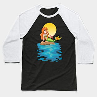 Mermaid and Friend beneath a Yellow Moon Baseball T-Shirt